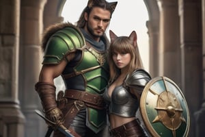 glamor shot, 1girl 1man, Young girl wearing leather armor and pants, real cat ears, tail, green eyes, petite, dagger and buckler, <break> muscular man with cat ears and eyes, wearing full plate armor, mace and shield,  intricately detailed,  dramatic, Masterpiece, HDR, beautifully shot, hyper-realistic, sharp focus, 64 megapixels, perfect composition, high contrast, cinematic, atmospheric, Ultra-High Resolution, amazing natural lighting, crystal clear picture, Perfect camera focus, photo-realistic