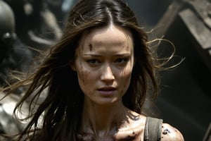 Cameron's battered face and body, Summer Glau's piercing gaze evident despite the gruesome damage that reveals her cybernetic face. Her skin is smeared with dirt and grime, revealing the underlying metallic framework of her cybernetic enhancements. A trail of dust and debris follows her as she walks directly towards the camera, her damaged visage a testament to the brutal battles she's fought.