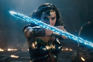 Close-up shot of Gal Gadot as Wonder Woman standing strong, her crossed arms in front of her to deflect a barrage of bullets. Her iconic Lasso of Truth at her side and her magic bracelets glow with a soft blue light, amplifying their protective power. As she peers between her arms, her determined gaze burns bright, exuding fierce confidence and unwavering courage.