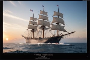 Glamor shot,  a large wooden British frigate at full sail,(circa 1776) firing a broadside from the bow cannons(1.5), smoke billowing from the cannons(1.3) and flames visible(1.0), rough seas, at sunrise on the ocean,  intricately detailed,  dramatic, Masterpiece, HDR, beautifully shot, hyper-realistic, sharp focus, 64 megapixels, perfect composition, high contrast, cinematic, atmospheric, Ultra-High Resolution, amazing natural lighting, crystal clear picture, Perfect camera focus, photo-realistic