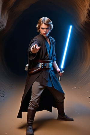 Here is a prompt for an SD image generation:

Anakin Skywalker( Hayden Christiansen 1.5) looking angry with an ignited blue lightsaber walking along a cavern tunnel, Medium Angle, full body glamor shot, camera settings ISO 150, Shutter speed 3seconds, Aperture f/6, intricately detailed,  dramatic, Masterpiece, HDR, beautifully shot, hyper-realistic, sharp focus, 64 megapixels, perfect composition, cinematic, atmospheric, Ultra-High Resolution, amazing natural lighting, crystal clear picture, Perfect camera focus, photo-realistic
