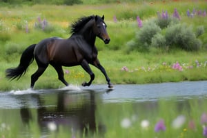 Medium Angle shot frames the majestic scene: a wild horse herd, led by a regal black stallion, gallops through a lush meadow of medium grass and vibrant flowers towards the shimmering river. An eagle soaring overhead, surveying the landscape with piercing gaze. Meanwhile, a lone wolf quaffs from the river's edge, its reflection rippling on the water's surface.,Landskaper,more detail XL