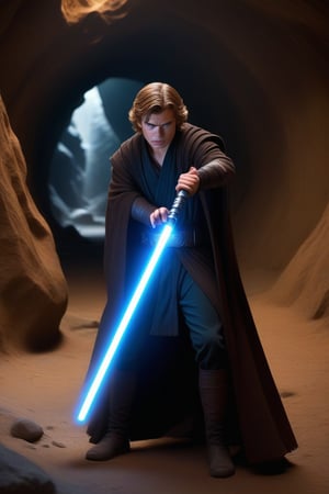 Here is a prompt for an SD image generation:

Anakin Skywalker( Hayden Christiansen 1.5) looking angry with an ignited blue lightsaber walking along a cavern tunnel, Medium Angle, full body glamor shot, camera settings ISO 150, Shutter speed 3seconds, Aperture f/6, intricately detailed,  dramatic, Masterpiece, HDR, beautifully shot, hyper-realistic, sharp focus, 64 megapixels, perfect composition, cinematic, atmospheric, Ultra-High Resolution, amazing natural lighting, crystal clear picture, Perfect camera focus, photo-realistic
