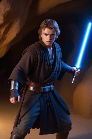 Here is a prompt for an SD image generation:

Anakin Skywalker( Hayden Christiansen 1.5) looking angry with an ignited blue lightsaber walking along a cavern tunnel, Medium Angle, full body glamor shot, camera settings ISO 150, Shutter speed 3seconds, Aperture f/6, intricately detailed,  dramatic, Masterpiece, HDR, beautifully shot, hyper-realistic, sharp focus, 64 megapixels, perfect composition, cinematic, atmospheric, Ultra-High Resolution, amazing natural lighting, crystal clear picture, Perfect camera focus, photo-realistic
