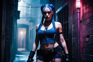 In a dimly lit, cramped alleyway of the Lower City's underbelly, Jinx stands tall, her piercing pink eyes fixed intently on her targets. Her long, dark blue braids swing behind her like a whip as she turns to face the group, pistol at the ready. The flickering torches cast eerie shadows on the walls, highlighting the edgy angles of her determined expression.