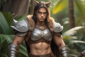 glamor shot, 1girl 1man, Young girl wearing brown leather armor and pants, real cat ears, tail(1.5), green eyes, petite, dagger and buckler, <break> muscular Polynesian man(1.3) with cat ears and eyes(1.5), wearing full silver plate armor, mace and shield,  intricately detailed,  dramatic, Masterpiece, HDR, beautifully shot, hyper-realistic, sharp focus, 64 megapixels, perfect composition, high contrast, cinematic, atmospheric, Ultra-High Resolution, amazing natural lighting, crystal clear picture, Perfect camera focus, photo-realistic