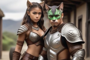 glamor shot, 1girl 1man, Young girl wearing brown leather armor and pants, real cat ears, tail(1.5), green eyes, petite, dagger and buckler, <break> muscular Polynesian man(1.3) with cat ears and eyes(1.5), wearing full silver plate armor, mace and shield,  intricately detailed,  dramatic, Masterpiece, HDR, beautifully shot, hyper-realistic, sharp focus, 64 megapixels, perfect composition, high contrast, cinematic, atmospheric, Ultra-High Resolution, amazing natural lighting, crystal clear picture, Perfect camera focus, photo-realistic