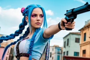 Jinx from league of legends stares intently at her targets with her pink eyes and  her long blue braided hair swinging behind her as she turns, aiming her pistol at some denizens of the lower city