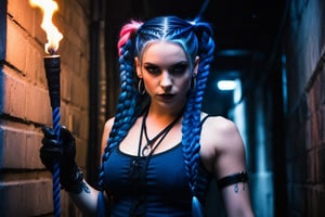 In a dimly lit, cramped alleyway of the Lower City's underbelly, Jinx stands tall, her piercing pink eyes fixed intently on her targets. Her long, dark blue braids swing behind her like a whip as she turns to face the group, pistol at the ready. The flickering torches cast eerie shadows on the walls, highlighting the edgy angles of her determined expression.