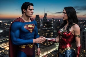 Superman, dressed in his iconic red and blue suit, stands confidently beside Wonder Woman, clad in her signature Amazonian armor, on the rooftop of a towering skyscraper. The evening sun casts a warm glow, highlighting the dynamic duo's powerful physiques as they share a firm handshake. The cityscape sprawls out behind them, a majestic metropolis of steel and concrete.