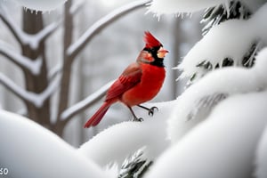 A majestic cardinal perches amidst a winter wonderland, nestled in the branches of a towering spruce tree. The surrounding landscape is blanketed in a delicate layer of snow and ice, glistening warmly under the sun's gentle rays. Medium angle, full-body glamour shot captures every feathered detail. Camera settings: ISO 150, Shutter speed 3 seconds, Aperture f/6. HDR, hyper-realistic, and crystal-clear, with perfect composition, high contrast, and cinematic quality.