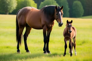 A majestic mare stands guardantly beside her newborn foal, its legs wobbly in its first attempts at standing, on a picturesque summer day. Warm sunlight casts a gentle glow on the lush green meadow, as the proud stallion watches over the scene with steadfast vigilance.