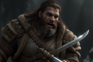 A barbarian behemoth,(Hafþór Júlíus Björnsson 1.5) clad in rugged furs and leather armor, storms forward, fury etched on his chiseled face as his blazing ice blue eyes bore into the viewer's soul. The corded muscles of his massive frame strain beneath sweat-drenched skin, his beard and Viking Braids wild and unkempt from exertion. A mighty greatsword held two handed, its weight matched only by the unyielding ferocity in his gaze.,modelshoot style