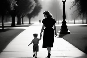 black and white photo, 1950's, beautiful woman with long brown hair,  walking hand in hand  with her son through a park, Medium Angle, full body glamor shot, camera settings ISO 150, Shutter speed 3seconds, Aperture f/6, intricately detailed,  dramatic, Masterpiece, HDR, beautifully shot, hyper-realistic, sharp focus, 64 megapixels, perfect composition, high contrast, cinematic, atmospheric, Ultra-High Resolution, amazing natural lighting, crystal clear picture, Perfect camera focus, photo-realistic
