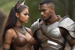 glamor shot, 1girl 1man,dark skinned Young girl wearing brown leather armor and pants, real cat ears, tail(1.5), green eyes, petite, dagger and buckler, <break> muscular Polynesian man(1.3) with cat ears and eyes(1.5), wearing full silver plate armor, mace and shield,  intricately detailed,  dramatic, Masterpiece, HDR, beautifully shot, hyper-realistic, sharp focus, 64 megapixels, perfect composition, high contrast, cinematic, atmospheric, Ultra-High Resolution, amazing natural lighting, crystal clear picture, Perfect camera focus, photo-realistic