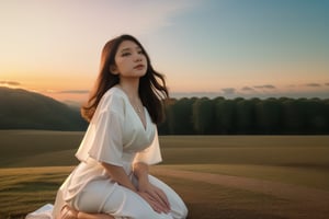 3/4 angle,  glamor shot,  a stunningly beautiful young Indonesian woman kneeling in prayer, wearing a white cotton gown and a green gemstone necklace at sunrise, dynamic lighting, sharp focus, long exposure, lens flare, wide-angle lens, fantastical, hyper-detailed, photo-realistic, 16k resolution,n0t,Nature,Landscape