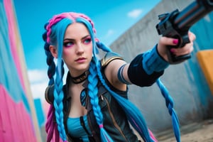 Jinx from league of legends stares intently at her targets with her pink eyes and  her long blue braided hair swinging behind her as she turns, aiming her pistol at some denizens of the lower city