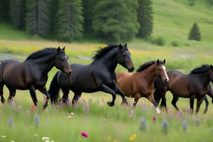 Medium Angle shot frames the majestic scene: a wild horse herd, led by a regal black stallion, gallops through a lush meadow of medium grass and vibrant flowers towards the shimmering river. An eagle soaring overhead, surveying the landscape with piercing gaze. Meanwhile, a lone wolf quaffs from the river's edge, its reflection rippling on the water's surface.