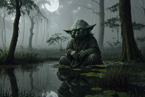 medium close up, Moonlit swamplands envelop Grand Master Yoda, murky waters lapping at his feet. Serpentine creatures slither through reeds as he sits cross-legged, eyes closed, attuning to the Force's whispers amidst misty fog. Swamp trees tower above, their gnarled branches a natural canopy filtering moonbeams.