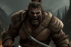 A barbarian behemoth, clad in rugged furs and leather armor, storms forward, fury etched on his chiseled face as his blazing eyes bore into the viewer's soul. The corded muscles of his massive frame strain beneath sweat-drenched skin, his beard and top knot wild and unkempt from exertion. A mighty greatsword held two handed, its weight matched only by the unyielding ferocity in his gaze.,modelshoot style