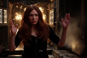 Amy Pond's hands fly across the TARDIS console as panic etches her face, a look of desperation in her eyes. Smoke and sparks erupt from malfunctioning computer panels, casting an eerie glow on her frantic expression. The time machine's interior, normally a labyrinth of controls and gadgets, is now a chaotic scene of sparks and smoke.,Karen Gillan