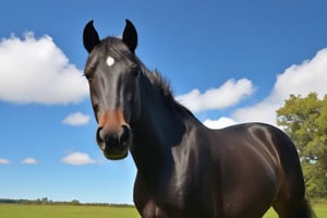 A majestic Black Colt stands proudly, its gleaming coat glistening in the warm sunlight. A gentle girl, dressed in casual attire, kneels beside the colt, carefully grooming it from head to toe using a soft curry brush. The Mare, a statuesque companion, observes from a nearby distance, her ears pricked and eyes watchful. The lush green pasture stretches out before them, dotted with fluffy white clouds drifting lazily across the bright blue sky.