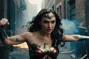 Wonder Woman's(Gal Gadot 1.5) fierce determination seizes the frame as she springs into the air, her iconic tiara glinting in the dimly lit, smoke-filled alleyway. Her arms extend, fists clenched, ready to unleash a crushing blow upon her dastardly foe. The villain's stunned expression and outstretched hands provide an effective counterpoint to Wonder Woman's dynamic pose.