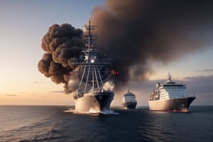 Glamor shot,  Two ships of the line engaged in a naval battle with smoke billowing from cannon fire and flames visible on both ships, at sunrise  intricately detailed,  dramatic, Masterpiece, HDR, beautifully shot, hyper-realistic, sharp focus, 64 megapixels, perfect composition, high contrast, cinematic, atmospheric, Ultra-High Resolution, amazing natural lighting, crystal clear picture, Perfect camera focus, photo-realistic