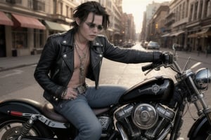 A young man(Johnny Depp 1.5), wearing mirrored sunglasses and clad in a black leather jacket adorned with a fiery skull on its back, sits astride his Harley Sportster motorcycle. Medium-angle shot, full-body glamor. The camera captures the intricate details of his rugged features and the bike's sleek design. ISO 150, shutter speed 3 seconds, aperture f/6. The image is dramatic, a masterpiece of HDR photography with hyper-realistic sharp focus, 64 megapixels, perfect composition, high contrast, and cinematic atmospheric lighting. Natural light bathes the scene, producing a crystal-clear picture with perfect camera focus, photo-realistic in its detail.