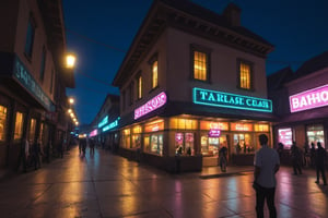 A vibrant boulevard at night, bathed in a kaleidoscope of neon hues. Neon signs for Blossom's Strip Club and Cash & Treasure Pawn Shop pierce the darkness, while VHS Vault beckons film enthusiasts. Streetlights cast long shadows as customers stroll along the sidewalk, passing by storefronts aglow with color.