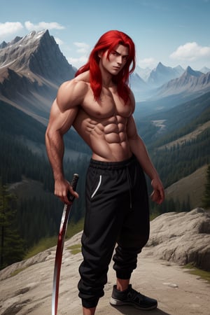 A man with a beautiful face while showing his abs and wearing a black joggers standing on a mountain with a katana on his waist while his long blood like red hair reaching his waist 

Showing mountain view as background 