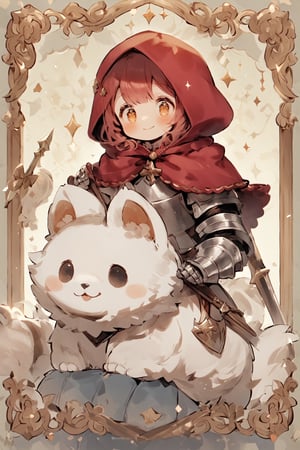 Little Red Riding Hood,adorable illustration of a cute knight inspired by Little Red Riding Hood,Picture the knight wearing charming armor with pastel colors and whimsical details. Describe the knight's demeanor as gentle and kind, with a warm smile and sparkling eyes. Capture the essence of bravery and innocence as the cute knight embarks on their noble quest, perhaps accompanied by a friendly animal companion.,kawaii knight