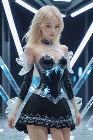 1Girl,anime style,dressed in a cyberpunk-inspired sexy Rococo dress,allowing for lifelike poses,perfect Body figure,large Breasts, Her dress merges the ornate elegance of Rococo with futuristic cyber elements. The fabric is a mix of rich silks and metallic materials, adorned with elaborate lace and digital patterns that glow subtly. The bodice is detailed with delicate ruffles and cybernetic embellishments, while the skirt flares out in layers, combining traditional Rococo volume with sleek, figurine,MasterF,Ice Dress