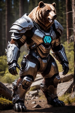 A cyborg grizzly bear combines raw natural power with advanced technology. This fearsome creature features a blend of organic fur and sleek metallic components. Its limbs are reinforced with steel plating and hydraulic joints, enhancing its strength and agility. Cybernetic eyes glow with a menacing light, capable of night vision and advanced targeting. The bear’s claws are replaced with razor-sharp, retractable blades, and its body is equipped with hidden weaponry. This fusion of beast and machine creates a formidable predator, both in the wild and in combat scenarios.