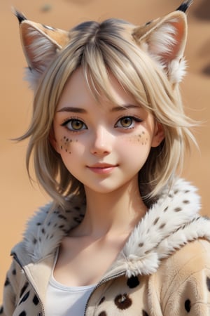 A cute girl,18yo, personifying a Sand cat,She has soft fluffy fur with brown and gray spots, resembling the cat coat, Her ears are pointed and adorned with matching fur tufts, giving her a playful and endearing appearance. With bright, curious eyes and a gentle demeanor,,catgirl