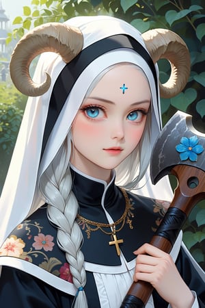 photo Realistic,albino Demon Girl, (long intricate horns:1.2),Beautiful nordic girl, a nun adorned in a colorful and stunning floral-patterned habit,(pink wimple),
colorful scapulae,Cross,(holding axe:1.2),
Very long braided hair,colorful braided hair,radiating vibrancy and life.,Her attire exudes warmth and kindness, spreading serenity like a blooming garden. With elegant grace, ,mizuki shiranui,aesthetic portrait,ktrmkp,Realistic Blue Eyes,tlps,photo r3al