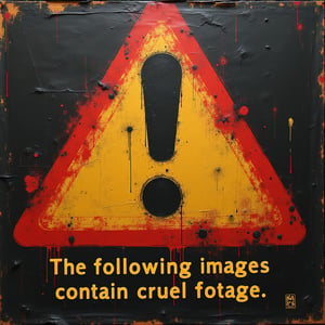 danger mark, exclamation mark, Text "The following images contain cruel footage"