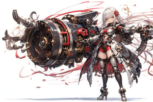 1girl,Anime-style illustration of a fierce young woman, wielding an enormous gatling gun, Character: dual-colored hair, (white and gold twintails), red flower accessories,Outfit: black and red dress with goth-inspired details, thigh-high boots. Expression: determined, slightly cocky smile,Pose: dynamic, holding massive weapon, body turned slightly,
Gatling gun: oversized, futuristic design. Black metal body with red accents and glowing parts. Multiple rotating barrels, complex mechanical details. Gun larger than the character herself,
Color scheme: primarily black and red with white accents,Style: highly detailed anime art, clean lines, emphasis on mechanical designs. Background: plain white, focus entirely on character and weapon.
Additional details: red ribbon-like elements flowing from dress and gun, intricate patterns on clothing and weapon, slight metallic sheen on gun parts. Overall impression: powerful, stylish fusion of traditional Asian aesthetics with futuristic weaponry.,Anime Style,fantasy girl,\mechako\, plasma gun