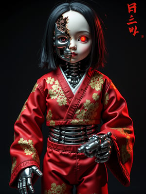 A horrifying hybrid of Ichimatsu doll and T-800 Terminator. Half of traditional porcelain face torn away to reveal chrome endoskeleton skull with glowing red eye, while remaining half maintains pale doll features with black hair. Wearing battle-damaged red kimono with gold patterns, partially shredded to expose metallic skeleton chassis underneath. Living tissue and porcelain fragments transition into metal endoskeleton parts. T-800 mechanical movements mixed with traditional doll poses. Metal spine and hydraulics visible through torn fabric. Combat stance with exposed metal arm holding minigun, other arm still maintaining porcelain doll finish with cracks. Studio lighting creates harsh contrast between doll elements and chrome skeleton. High detail on both traditional features (kimono embroidery, black hair) and Terminator parts (hydraulics, metal skull, glowing eye). Emergency lighting creates dramatic red highlights on chrome surfaces. Metal servos and pistons suggest unstoppable machine movement.