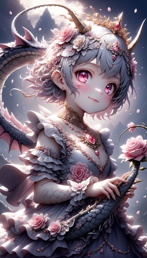  portrait of cute dragon,(dynamic  pose), Realism,One Girl, A girl whose entire body is organically composed of intertwining roses and thorny vines. The scales adorning her cheeks shimmer with prisms of glass and delicate shades of blooming roses, and sharp thorns protrude from them. Elegant golden chains and gemstones jewelry and ornaments, a soft smile on her face.),more detail XL,,cute dragon,sticker,DonMS4kur4XL,Decora_SWstyle