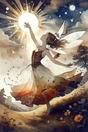 fairy tale illustrations,Simple minimum art, 
myths of another world,Perfect sky, 
pagan style graffiti art, aesthetic, sepia, ancient Russia,(holy bard),
A female shaman,sunny day,
 warm sunlight,Golden meadow, girl dancing in the meadow,
watercolor \(medium\),DonMP4ste11F41ryT4l3XL,