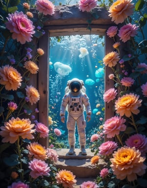 A surreal doorway scene framed by vibrant multicolored flowers, showing an astronaut standing in a wooden doorframe that creates a portal between two worlds, the door side surrounded by densely packed colorful flowers - marigolds, daisies, and wildflowers in bright oranges, pinks, purples, and yellows, while through the doorway reveals a deep underwater scene with rich azure blues, floating jellyfish with bioluminescent glow, schools of silvery fish catching light, gentle streams of bubbles rising upward, rays of sunlight penetrating the water's surface creating light shafts, astronaut in detailed white spacesuit with reflective visor positioned in the threshold, wooden door frame appearing to impossibly stand in both realms, marine plants gently swaying in the current beyond the door, flower petals occasionally floating past the astronaut, dramatic lighting contrast between the warm flower colors and cool ocean blues, professional photography style with sharp focus on astronaut and door frame, ultra high-resolution showing detailed textures of flowers, spacesuit, and underwater effects,pink_flower_meadow