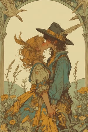 Folklore-style illustration of a couple kissing in warm muted tones,Two characters in medieval or fantasy attire embracing and about to kiss,Male character wearing a wide-brimmed hat with feathers and a puffy-sleeved shirt,Female character in a flowing dress with intricate patterns,Both figures have soft rounded features and curly hair,Characters positioned in profile view emphasizing their closeness,Color palette dominated by muted greens yellows and browns creating a vintage feel,Background features a misty meadow with subtle plant silhouettes,Top of the image bordered by an intricate folk art pattern in darker green,Texture resembling aged paper or parchment applied to the entire image,Art style reminiscent of classic storybook illustrations with fine linework and gentle shading,Soft dreamy atmosphere enhancing the romantic mood,Composition focuses on the central figures with simplified background elements,Overall warm and intimate feeling conveyed through color choice and character poses,,dal,animaport