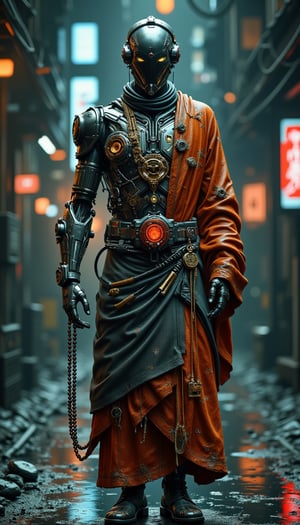 Retro style robot,android ,Wearing monk's robes, 
rosary,cyber cable,Clothing with sutras written on it,
infused with a cyberpunk aesthetic, Envision the fusion of traditional monk attire with futuristic cyberpunk elements, such as metallic accents, neon lights, and augmented features, android embodying a harmonious blend of spiritual serenity and technological advancement,tranquility of monk attire,NO HUMAN,Robotman1024,rain,ROBOT,hanxhelm,cyberpunknoirlora