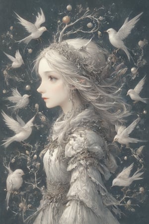 Medieval line art, realistic and elaborate drawings, many small birds, a girl's profile, entangled eyes.,dal-1,lineart,Gwyndolin,Christmas Fantasy World