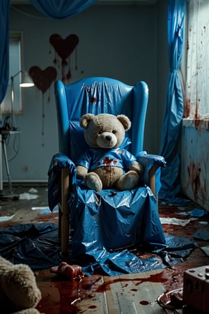 Empty room, entirely covered in blue tarpaulin, clinical atmosphere, single chair in center,
Bloodstained teddy bear t, stuffing spilling out.  cinematic framing,BloodOnScreen