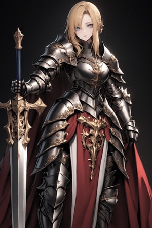 solo,royal knight, princess knight,Golden hair, beautiful blue eyes, gauntlets, red cape,Heavy full-body armor that overwhelms the viewer, the armor is carved with very elaborate gold,Huge sword by the side,zavy-lndskncht