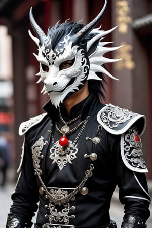 kung fu Punk,Cyber Hong Kong city,1man,a piece of gothic China-punk style art featuring a figure in an excessively decorated Kung Fu outfit. The outfit blends traditional Chinese elements with gothic and punk aesthetics, using dark, rich fabrics, intricate embroidery, metal spikes, chains, and lace accents,(wears a striking dragon mask), combining fierce dragon elegance with dark, ornate patterns. The mask's eyes have an otherworldly glow, enhancing the enigmatic presence., oriental dragon