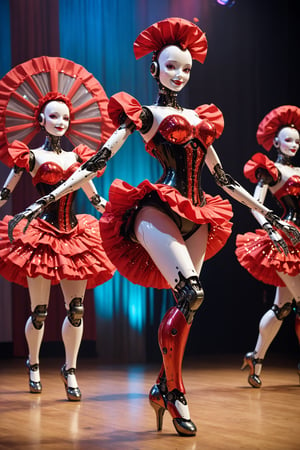 solo,1girl,Elegant humanoid robot,Beautiful robot face,performing a lively French cancan dance on a Parisian cabaret stage. The robot's sleek metallic body gleams under spotlights, with smooth joints allowing fluid movement. It wears a vibrant red and black ruffled skirt, corset, and fishnet stockings. Its face features expressive LED eyes and a coquettish smile. The robot's leg is kicked high, skirt swirling dramatically. Other robot dancers visible in the background. The stage is adorned with glittering lights and Art Nouveau decorations. The audience, a mix of humans and robots, watches in awe. Motion blur captures the energy of the dance.",FuturEvoLab-lora-mecha,Tech,Futuristic