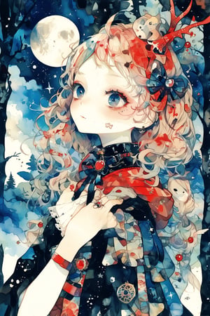 fairy tale illustrations,Simple minimum art, 
myths of another world,Perfect sky, moon and shooting stars,moon on face,
pagan style graffiti art, aesthetic, sepia, 1girl, cute goth punk girl, in a fusion of Japanese-inspired Gothic punk fashion, red hood,ribbon,incorporating traditional Japanese motifs and punk-inspired details,ancient forest,
watercolor \(medium\),jewel pet,acidzlime,dal-6 style